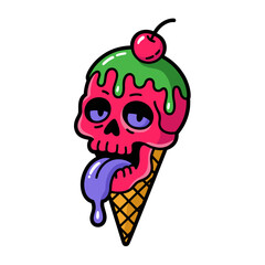 Melting skull ice cream cone, green slime topping, cherry garnish, long blue tongue, creepy cute dessert graphic vector
