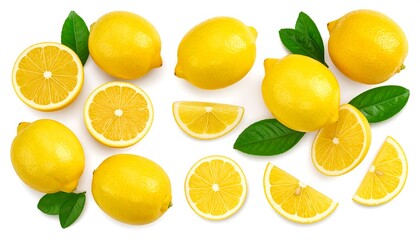 Overhead shot showcasing a collection of bright yellow citrus fruit, whole, sliced, and with green leaves, set against a white backdrop