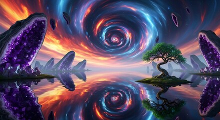 Fototapeta premium Surreal Cosmic Landscape with Amethyst Geodes and Reflecting Water image photo