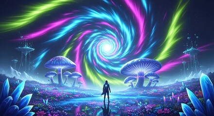 Surreal landscape with glowing mushrooms, crystals, and a swirling psychedelic vortex of light fantasy