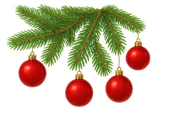 Christmas fir tree branch with red ornaments hanging, celebrating winter holidays and festive seasonal decoration
