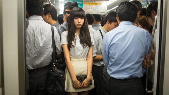 Young  Japanese woman in a crowded train