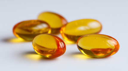 Close-up of fish oil capsules, white background.