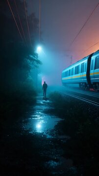 Back view of a lone figure running along mist-covered train tracks, glowing train lights approaching from a distance, high contrast silhouette, tense atmosphere, cinematic suspense scene
