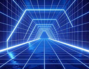 Futuristic digital tunnel rendered with glowing blue geometric lines