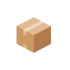 Brown cardboard shipping box sealed with clear packing tape, isolated on a white background, ready for delivery.