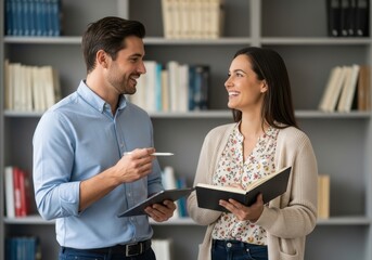 Two colleagues smiling and discussing a book in a well-stocked office library setting
