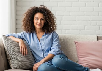 Young woman with curly hair relaxing on a sofa indoors smiling and looking towards the camera