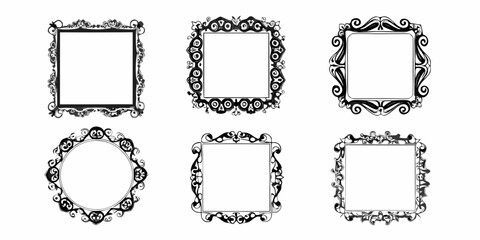 Collection of six ornate black and white decorative frames and borders in various square and circular shapes