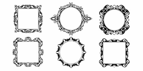 Collection of six ornate black and white decorative frames and borders for design