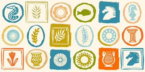 Collection of vintage style illustrated icons featuring animals plants and ancient greek motifs