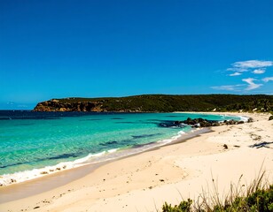 Pristine beach scene under a vibrant blue sky