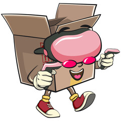 cute cardboard box mascot character vector illustration isolated entering virtual reality with technology, work of hand drawn