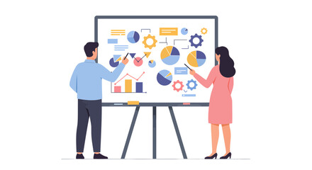 Business Presentation Man and Woman Analyzing Data on Whiteboard.