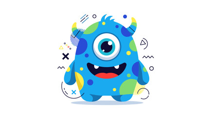 A cute blue monster with one eye and yellow horns smiling on a white background.