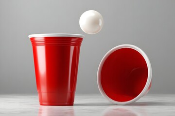 Red Plastic Cups and White Ball in Mid-Air on Marble Surface for Party Scene