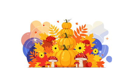 Naklejka premium An autumnal harvest display featuring stacked pumpkins colorful fallen leaves and vibrant mushrooms.
