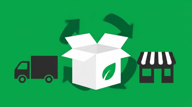 Sustainable Packaging Icons: Box Unfolds to Leaf Seal; Recycle Loop Spins; Truck and Store Confirm Circular Path