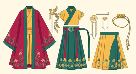 Traditional Chinese Hanfu clothing and accessories set. Elegant historical Asian garments with intricate embroidery and cultural ornaments.