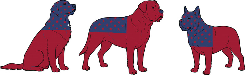 Patriotic dog silhouette illustration with American flag design, pet animal artwork, vector drawing for independence day celebration, USA theme decoration