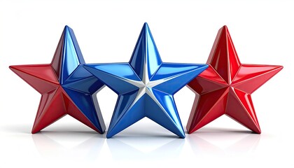 Three glossy, five-pointed stars red, blue, and blue with white, on white