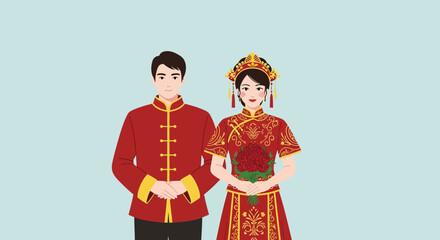 Obraz premium Traditional Chinese Wedding Couple Illustration. Asian Bride and Groom in Cultural Red Attire with Phoenix Crown and Bouquet.