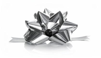 Gleaming silver bow with pointed petals, resting on a white surface, slight reflection