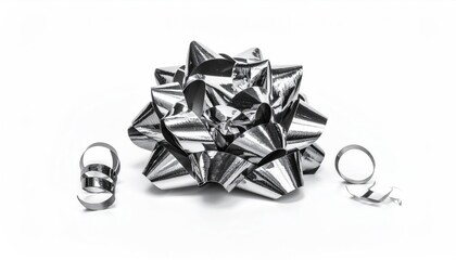 A shiny silver gift bow with curling ribbons against a stark white background