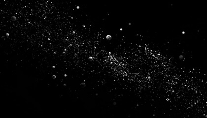 Black backdrop with a swirling path of water droplets and floating orbs