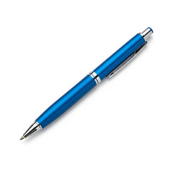 Blue metallic ballpoint pen with silver accents on white backgro