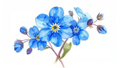 Watercolor painting of delicate blue flowers with yellow centers and buds on stems