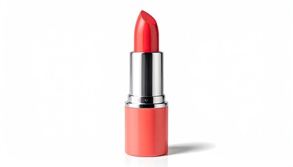 Single, open, vibrant coral lipstick with silver tube, shadow on white backdrop