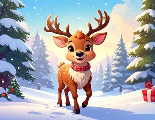 Adorable Christmas Deer in Snowy Forest.