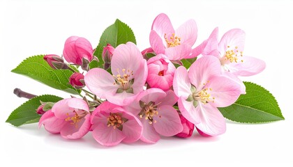 Cluster of pink blossoms with green leaves and buds on a white background