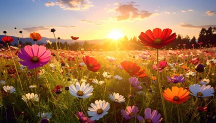 A vibrant field of colorful flowers bathed in golden sunlight during the sunset