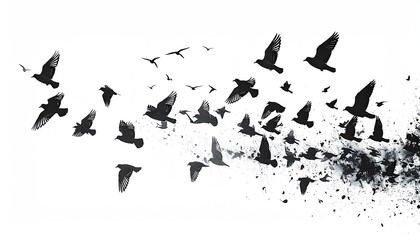 A flock of dark birds in flight against a white background, dispersing into an abstract cloud