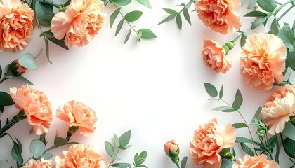 Peach-toned flowers and green leaves arranged on white to create a floral border