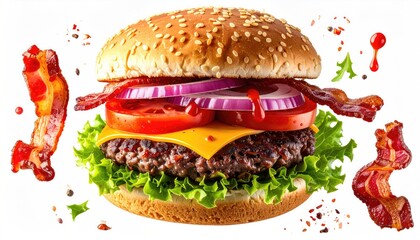 Juicy burger with sesame bun, cheese, bacon, tomato, onion, lettuce, and sauce