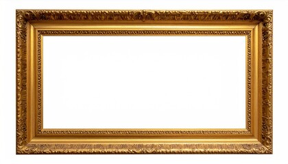 Ornate golden rectangular empty frame, detailed carvings, isolated on a white background
