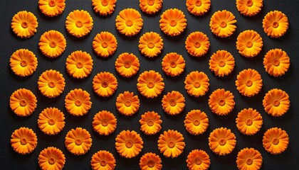 Overhead, symmetrical composition of numerous orange and yellow flower blooms against a dark backdrop, forming a vibrant, floral pattern