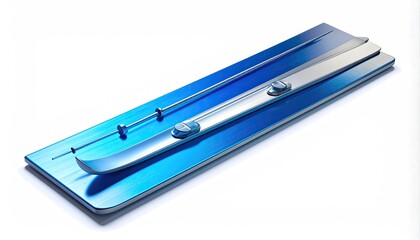 Sleek, angled, metallic skis with poles rest on a gradient blue base, white background