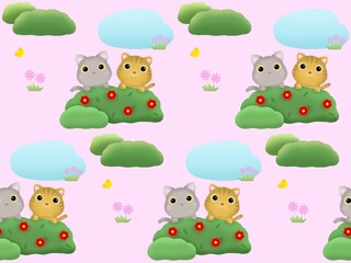 草原のネコのシームレスパターン　K-4'