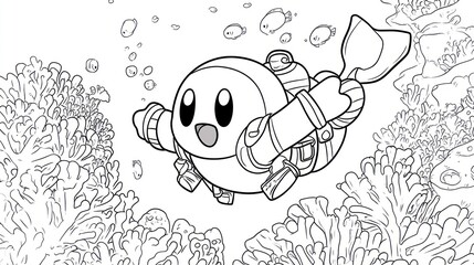 Cartoon character underwater exploring with scuba gear and aquatic life