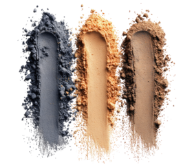 Three vertical streaks of crushed cosmetic powder in shades of dark gray, beige, and light brown on a transparent background