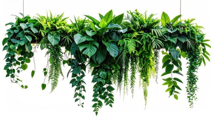 Lush assortment of vibrant green foliage cascades downward on a white backdrop