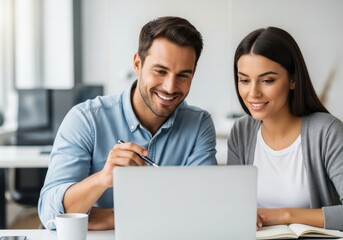 Couple collaborating on laptop smiling happily working together on project indoors professional environment