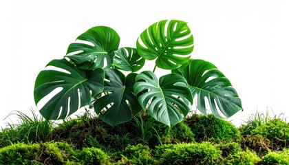 Lush, green Monstera plant with large, split leaves, nestled in vibrant moss