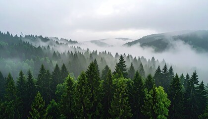 Aerial view of a dense, green forest shrouded in misty clouds over rolling hills