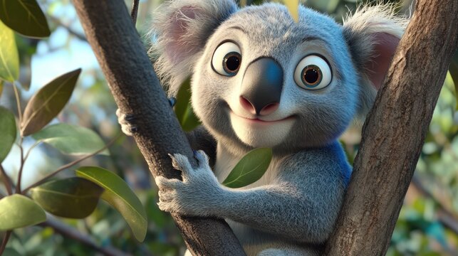 Animated koala bear perched on tree branch looking towards the viewer