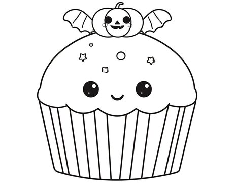 Cute cupcake with a jack-o'-lantern and bat on top - Powered by Adobe